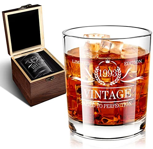 BEYOND MS Cadeaux d'anniversaire pour homme - Décorations de 30e anniversaire pour homme - Verre à whisky de 1993 dans une boîte en bois
