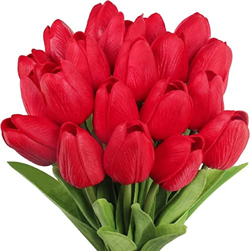 XNSHUN 10pcs Künstliche Blumen Tulpe, Kunstblumen Latex Tulpen, PU Real Touch Latex Blumensträuße, Dekoration Für Hochzeitsdekoration Im Innen- Und Außenbereich, Küche, Büro, Café, Wohnkultur (Rot)