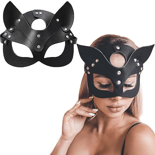 BOOSHMall Catwoman Maske, Katze Maske Damen, Halbgesicht Katze Leder, Schwarze Leder Catwoman Maske, Cosplay Maske für Halloween Party, Maskerade Fasching Karneval