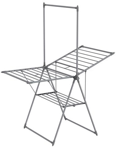 SONGMICS Wäscheständer, zusammenklappbar, Wäschetrockner mit 2 Ebenen, Flügelwäscheständer, freistehend, 1 obere Hängestange, 2 höhenverstellbare Flügel, 24 Stangen, platzsparend, grau LLR521G01