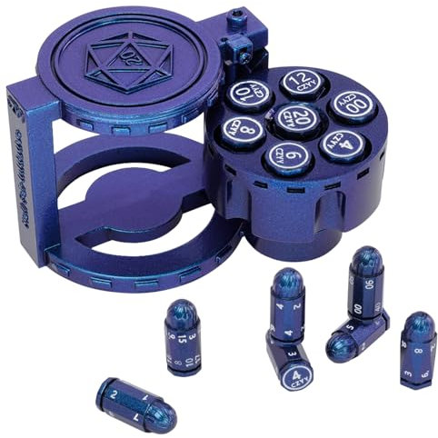 CZYY Polyedrische Würfel aus Metall, 7er-Set mit drehbarem Revolver-Zylinder-Behälter, Cyberpunk-Würfel für Warhammer 40K, D&D, Sci-Fi, Krieg oder Kriminalität, Tischspiele (blau)