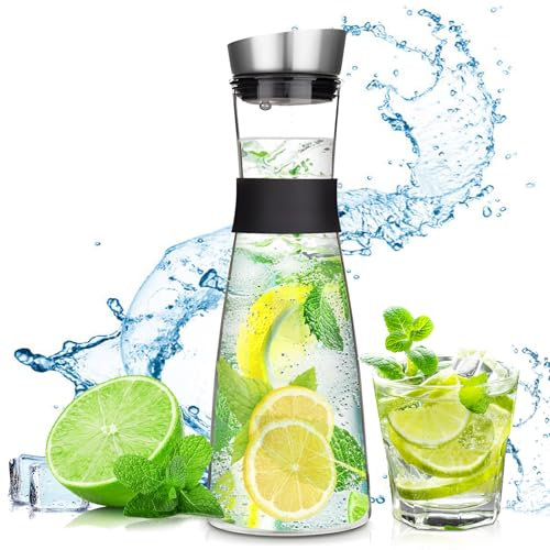 FAMKEEP Carafe en Verre,1200 ML Pichet à Eau en Verre Couvercle en inoxydable,Pichet en Verre,pour Thé Glacé Boisson Maison Lait Café Vin de Service