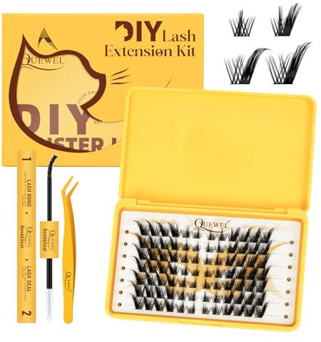 Kit de 84 grappes de cils QUEWEL 10-16 mm Ensemble de grappes de cils Fox Eye, cils moelleux avec pince à cils Lash Bond et Seal pour débutants (Fox-Kit-C)