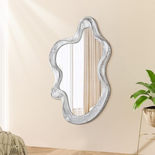 Asymmetrischer Spiegel mit Holzrahmen unregelmäßiger Wandspiegel Wandspiegel moderner künstlerischer Wolkenspiegel, dekorativ für Wohnzimmer, Schlafzimmer, Garderobe, Badezimmer, Eingangsbereich Weiß