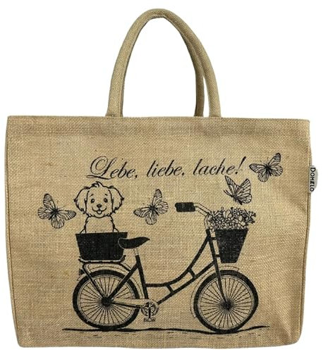 Domelo Einkaufskörbe. Bedruckte Einkaufstasche. Jute Tasche groß. Korbtasche, wasserabweisenden Strandtasche. Jutetaschen Shopper als Shopping bag. Nachhaltige Tragetasche (Fahrrad mit Hund)