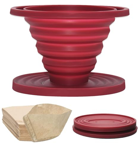 Zusammenklappbarer Kaffee-Tropfer aus Silikon, wiederverwendbar, Kegelfilterhalter, 2 Stück, mit 100 Papierfiltern (1, rot)