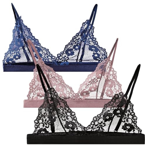 Femme Sexy Dentelle Soutien-Gorge Soft Cup Ensemble de Lingerie Sexy Doux Mesh Transparent Ultra Mince Non Matelassé Triangle Dentelle Lot de 3 Rose Bleu Noir S
