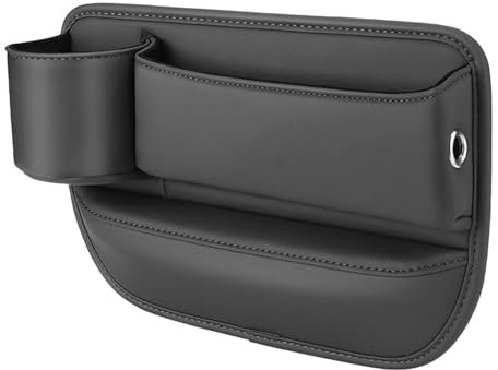 Car Leather Cup Holder Gap Bag, Seat Gap Storage Box with Cup Holder, Adjustable Car Seat Storage Box Seat Gap Organizer for Phones Keys, Glasses, Cards(Black,Left Seat)