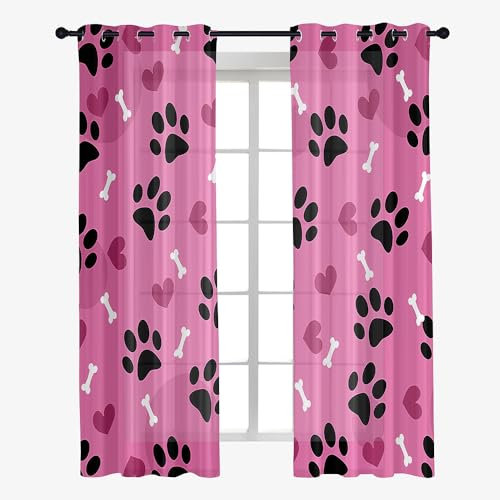 Hixingo Sheer Voile Gardinen Fußabdrücke von Hunden Vorhänge, 2er Set Vorhang mit Ösen, Anmut Halbtransparent Scheibengardinen Wohnzimmer Küchen (140x244cm,Pink Lila)