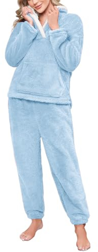 CMTOP Pigiama Donna Invernale Caldo Pigiama in Pile Due Pezzi Felpato Pigiama da Casa con Tasche e Pantalone Lungo da Notte Lounge Sleepwear Sets Morbido e Soffice(Azzurro, XL)