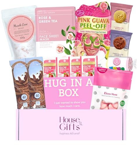 House of Gifts Hug In a Box Pflegepaket für Frauen | Verwöhn-Geschenkbox mit Badesalz, Gesichtsmaske, Schokolade & mehr!