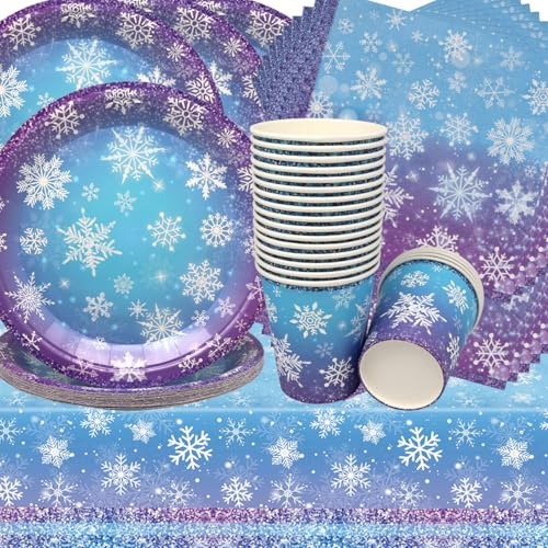Schnee Partygeschirr,Doyomtoy 61 Stück Partygeschirr Zum Thema Schneeflocken Geburtstag Deko Winter Wonderland Party Supplies, Geschirr für Neujahr, Feier, Geburtstag, Picknick, Hochzeit