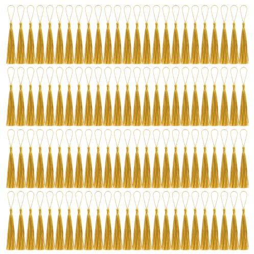 BOUBONI 100 Stück Quasten Gold Weich Seidig Handgefertigte Mini Quasten für Lesezeichen Anhänger Schmuckherstellung DIY Bastelzubehör Schlüsselanhänger Zubehör Kleiderdekoration