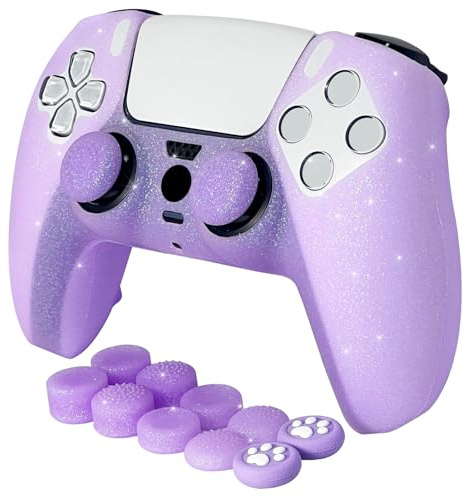 HLRAO Purple Glitter Anti-Slip Schutz Silicone Cover Haut Kompatibel mit PS5 / Slim/Pro Controller, 8 PCS Glitter Thumb Grips Caps und 2 Grips Caps.