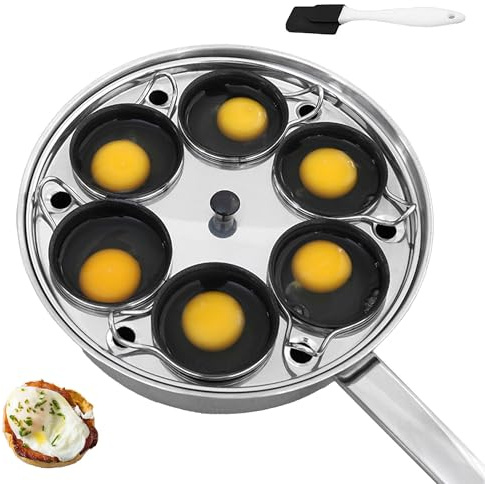 6 Cups Egg Poacher, Stainless Steel Stovetop Poached Egg Cooker, PFOA-Free Egg Poacher Pan with Lid, Nonstick Poached Egg Cups, and Silicone Spatula, for All Stoves