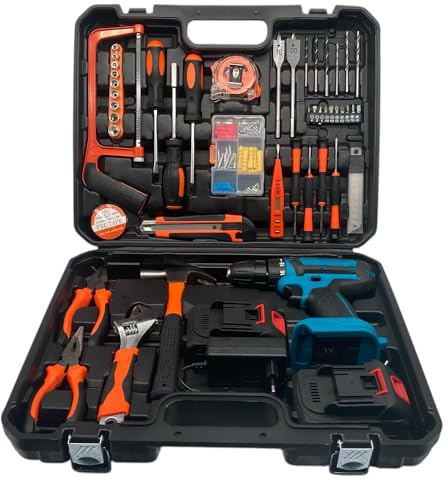Kit Valigetta Attrezzi da 100 Pezzi con Trapano Avvitatore e Batterie da 88V con Martello Chiave Inglese Pinze e Seghetto