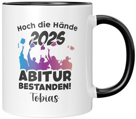 Abitur 2026 - Hoch die Hände - personalisierte Tasse mit Wunschnamen - Abi 26 - Kaffeebecher - für Mädchen & Jungs - Geschenkidee (Schwarz)