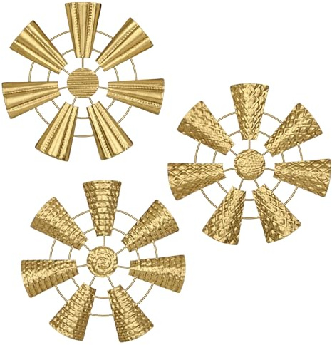 Hollyone 12 Wall Décor Pack of 3 Metal Gold Windmill Radial Plate Wall Art Modern Accent Hanging Wall Decorations For Home Office Living Room Wall Sculptures
