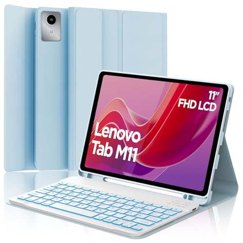 SENGBIRCH Custodia con tastiera per Lenovo Tab M11 11 pollici 2024 (TB330FU/TB330XU) – QWERTZ Tedesco 7 colori retroilluminati tastiera Bluetooth rimovibile wireless per Lenovo tab M11 2024, azzurro