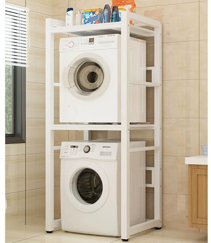Innovz Waschmaschinenschrank Doppeltes Waschtrockner-Stapelregal mit Stahlrahmen, Stapelbares Standregal für Stapelbare Waschmaschinen und Wäschetrockner, Höhenverstellbare Holzarbeitsplatte(White)