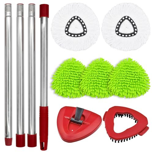 DLAIMI 5 Pack Replacement Mop Heads with handle Compatible with Vileda Spin Mops Refills- Scrub Brush and Spin mop Base Combo Set for Ocedar ,30-58 Mop Handle and Microfiber Head Refills for Cleaning