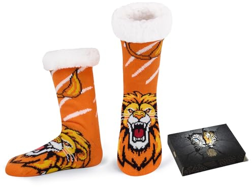 HERYEBING Kuschelsocken Herren 43-46, Rutschfeste Stoppersocken mit Geschenkbox, Dicke Thermosocken Lustige Flauschig Wintersocken Hüttensocken Weihnachten Geschenke für Männer, Gelb, Löwe