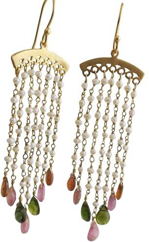 Orecchini chandelier con perle e tormalina fatti a mano in argento dorato