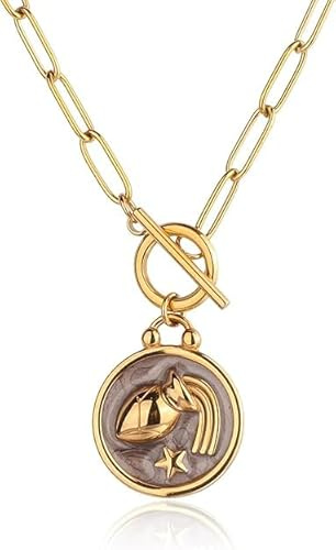 TaYolnFaSo Pendentif à bascule en forme de trombone zodiacal en or plaqué 18 carats avec chaîne à 12 constellations, bijou cadeau pour femme.