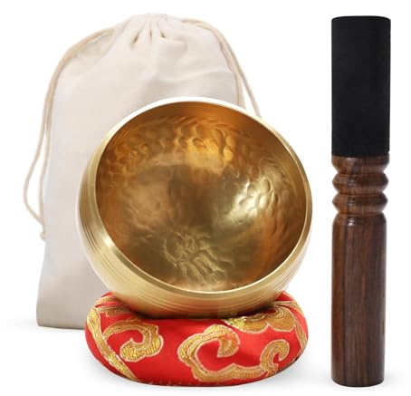 Tibetische Glocke Set 9,5 cm – handgefertigt aus Messing – mit Holzstab Kissen und Beutel – ideal für Meditation Yoga Heilung Chakra Geschenk Zen