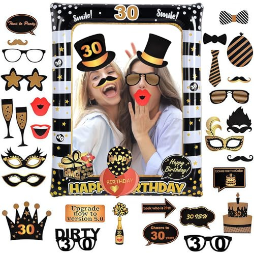 Flintronic 30.Geburtstag Deko Fotorequisiten, Schwarzes Gold Aufblasbarer Rahmen zum 30.Geburtstag, Party Foto Booth Props für Partydeko, Partei Dekorationen