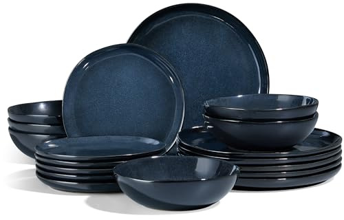 Joyfair 18-tlg Steinzeug Geschirrset 6 Personen - Reaktives Galaxie Blau | Unregelmäßig Rund, Speiseteller, Dessertteller, Müslischalen, Gesunde & Sichere, Mikrowellen- & Spülmaschinenfest