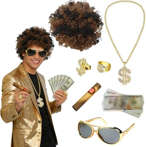 XILEPINGAN 80er Jahre Perücke Herren, Afro Perücke Herren Set, 70er Herren Hippie Perücke 80er Jahre Accessoires, Perfekt für Karneval, Cosplay, DIY Motto Kostüm Party