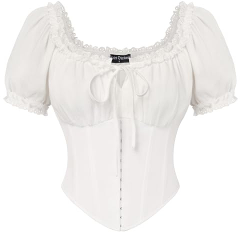 SCARLET DARKNESS Women's Summer Crop Top Off Shoulder Renaissance Corset Tops Short Sleeve Medieval Pirate Blouses White L