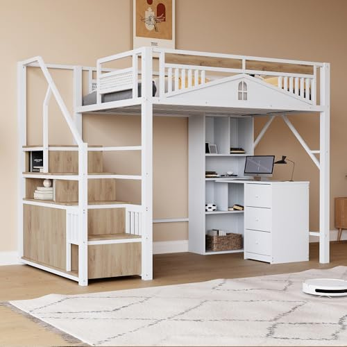 HaoChrymec Metall-Hochbett 140 x 200 cm, Sicherheitsgehäuse mit Fenster, Sicherheitsleiter mit Spind, Weiß, für Kinderzimmer, Spielzimmer, Jugendzimmer