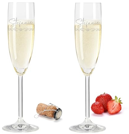 Gravur-Max Leonardo Sektglas 2er Set 200 ml – elegantes Sektglas mit Gravur – DEIN WUNSCHNAME MIT HERZRANKE2 - stoßfest & klangvoll – hochwertiges TEQTON-Kristallglas für Sekt, Prosecco & Champagner