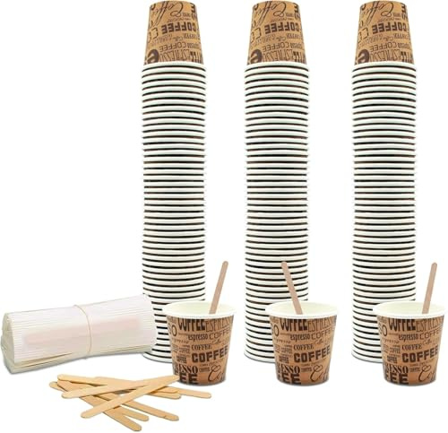 marketcaffe Set 200 Bicchierini Caffè 75 ml in Carta Marroni + 200 Palette in Legno; Bicchieri e Palettine Usa e Getta Monouso Riciclabili, per Ristoranti, Ufficio, Asporto, Bar, Espresso