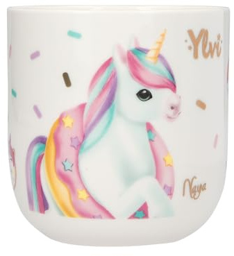 Depesche 13562 Ylvi - Becher aus Porzellan, in Weiß mit Einhorn Motiv, Buntem Streusel-Muster und Gold-Aufdruck, Tasse mit einem Fassungsvermögen von ca. 250 ml