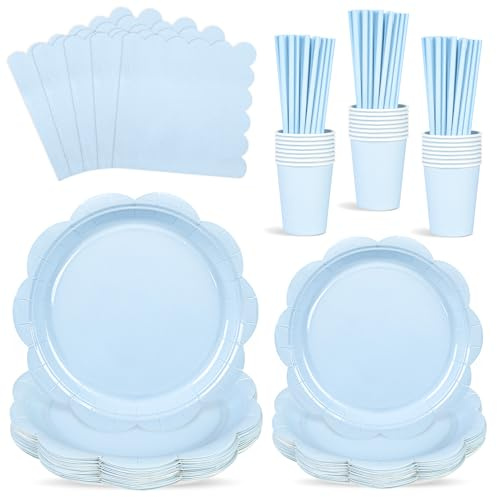 ZUQMZUQ 125 Pcs Light Blue Paper Plates and Napkins Set, Blue Party Tableware Set Include Scalloped Plate, Cocktail Napkin, Cups, Straws Party Supplies for Baby Shower, Wedding, Birthday Party