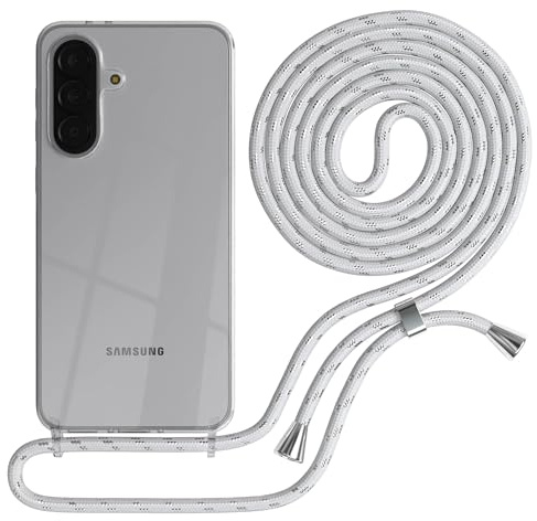 EAZY CASE Handykette kompatibel mit Galaxy A37 Handyhülle mit Umhängeband, Handykordel mit Schutzhülle, Silikonhülle, Hülle mit Band, Stylische Kette für Smartphones, Weiß/Silber
