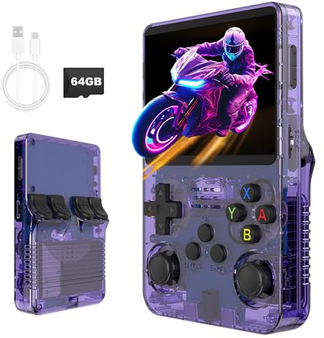 R36S Consola Retro, Potente Consola Retro Portatil, Compacta Consolas Portátiles con Pantalla IPS de 3.5 Pulgadas y 64G Más de 30000 Juegos Clásicos (Morado)