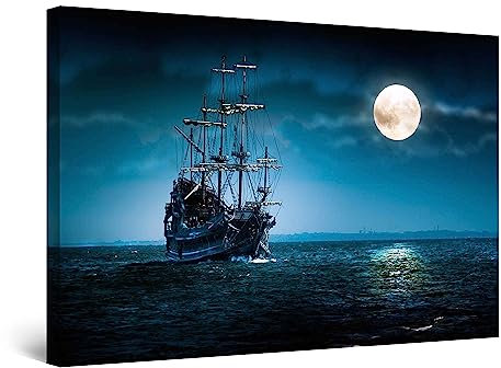 Startonight Impression Sur Toile Peinture Bateau et la Lune sur la Mer Bleue, Tableau Nature - Decoration Murale Salon Moderne - Image sur Toile - Grande 80 x 120 cm Idée Cadeau Élégante et Originale