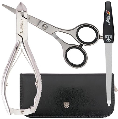 DREI SCHWERTER Pediküre Bart Set 3-tlg. stabile Nagelzange Fußnagelzange Eckenzange Kopfschneider und BARTSCHERE aus rostfreiem Edelstahl für Fußpflege, Markenqualität inkl. Feile u. Etui (547)