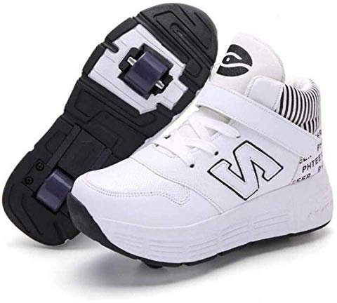 NNN Sportschuhe Skateboard Outdoor Gymnastik Turnschuhe Jungen Mädchen Freizeitschuh Schuhe Mit Rollen Drucktaste Einstellbare Skateboardschuhe Für Kinder Mädchen Junge Erwachsene,White2-40…