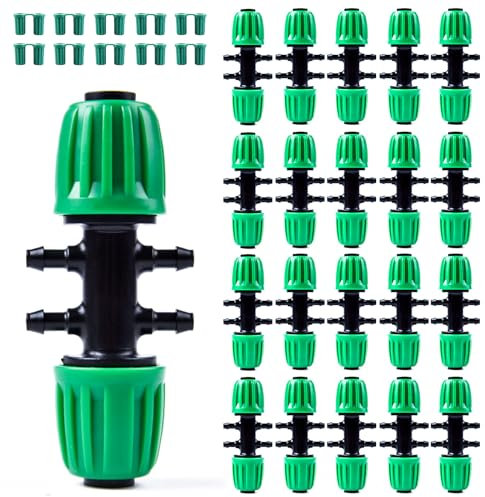 Kalolary 20PCS Barbed Tee Connectors Drip Irrigation, 1/2 inch to 1/4 inch Irrigation Tube Anti-Drop Premiun Quality Fitting (fits 13mm ID/ 4mm ID) (Green)