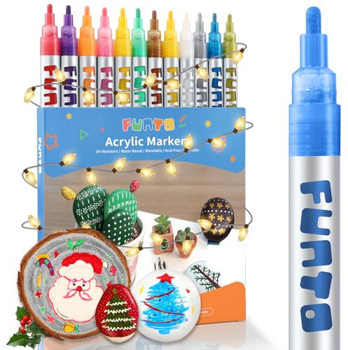 Funto Lot de 12 marqueurs de peinture acrylique pour peinture sur roche, tissu, bois, toile, métal, céramique, verre, non toxique, séchage rapide