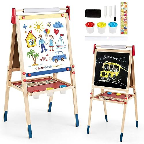 DREAMADE 3 in 1 Kinder-Staffelei aus Holz, Doppelseitige Standtafel mit Kreidetafel & magnetischem Whiteboard, Höhenverstellbare Kindertafel mit Papierrolle & viel Zubehör, für Kinder Malen