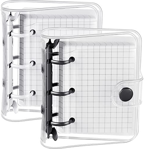 2 Sets Mini Transparent Ringbuch Hüllen mit 3 Ringen und Innen Papier Ordnertasche Durchsichtig Weich PVC Ring Notizbuch Verschluss Loseblatt Rund Ringbuch mit Druckknopf (Weiß, Schwarz)