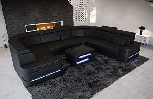 Sofa Positano Ledersofa U-Form Wohnlandschaft mit LED Beleuchtung Kopfstützen Couch modern (Lange Seite rechts, Black)