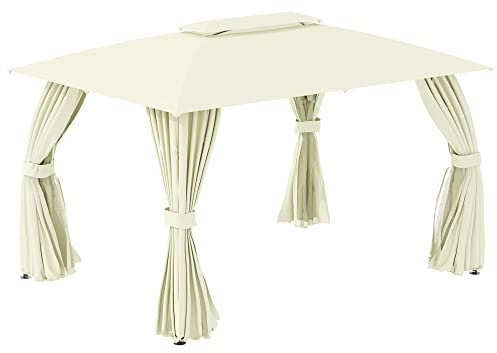 Outsunny Gazebo da Giardino 4x3m con Doppio Tettuccio, Pareti in Poliestere e Struttura in Acciaio, per Cortile e Terrazzo, Beige