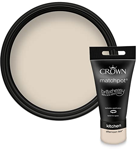 Crown EASYCLEAN KITCHEN Beige Matt Paint Tester Pot - Sample 40ml | Try Afternoon Tea before you buy. Stain resistant matt wall paint sample walls, ceilings, wood & metal. Low VOC